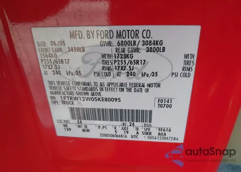 2005 Ford F-150 Xlt из США, поврежденный, VIN 1FTRW12W05KE80095